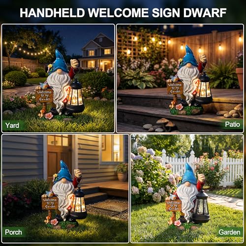 ZQQLITE Garden Gnome Statues Figurine Lights - Solar Powered Lighting Outdoor Decorations with Lantern & Welcome Sign, Yard Art Lawn Ornaments for Porch Patio Balcony - Gnome Gifts for Women Mom - color: Welcome Sign