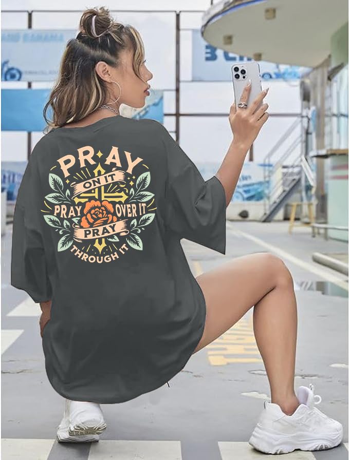 BANGELY Faith Over Fear Shirt Women Graphic Shirts Oversized Workout Gym Christian Religious Tees Drop Shoulder Tee Tops - color: A-grey, size: X-Large