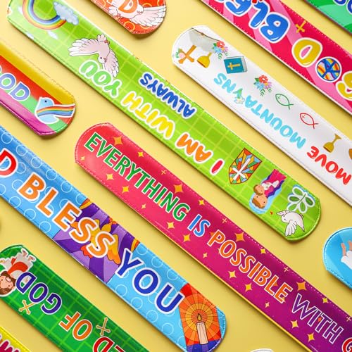 POPLAY 48PCS Christian Slap Bracelets, Snap Wristbands Bible Verses Religious Snap Bracelets for Kids Sunday School Gifts Classroom Prizes (Pack of 2) - size: 8.6 inches (Pack of 2)