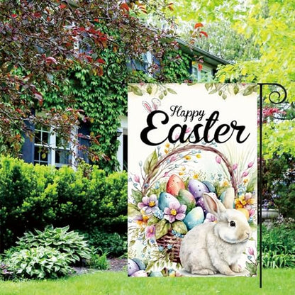 Easter Egg Bunny Garden Flag Easter Garden Flags 12x18 Double Sided The Flower Yard Is Decorated With Outdoor Flags Yard Flag Garden Flags for Outside Flower Seasonal Farmhouse Yard Outdoor Flag