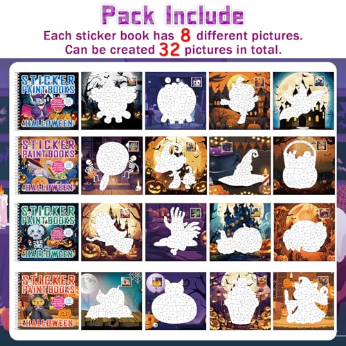4Pcs Halloween Paint by Sticker Books Halloween Pumpkin Ghost Witch Sticker by Number Books Activity Book Puzzle Book Craft Art Gift Holiday Party Favors Create 32 Pictures - style: Halloween