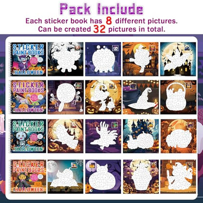 4Pcs Halloween Paint by Sticker Books Halloween Pumpkin Ghost Witch Sticker by Number Books Activity Book Puzzle Book Craft Art Gift Holiday Party Favors Create 32 Pictures - style: Halloween