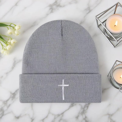 Unisex Stretch Warm Winter Skull Cap, Cold Weather Knit Beanie - color: Grey - 3d Cross Embroidery