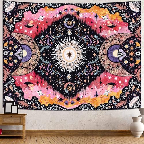 Faxdong Pink Sun Moon Star Tapestry,Vintage Boho Abstract Aesthetic Geometric Tapestries, Hippie Decor for Bedroom Yoga Meditation Room Living Room - color: Pink, size: 48"L x 36"W