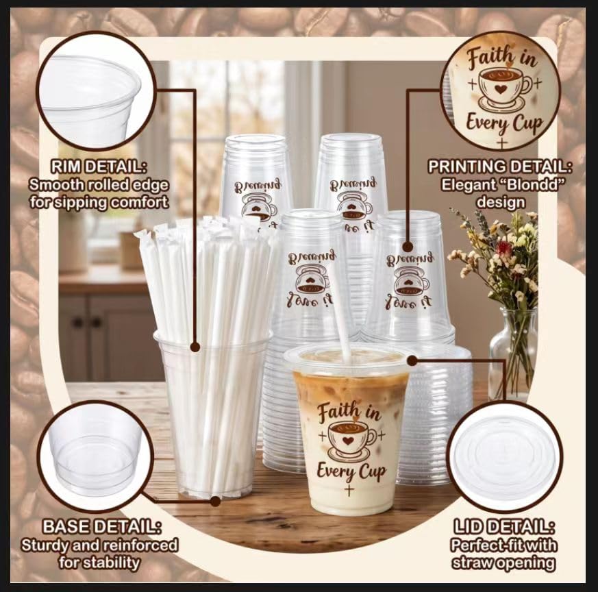 50 Count 16 oz compostable cold drink cups with lids and straws, plant-based PLA disposable tasting cups for juice cold drink sampling, gatherings, picnics, travel bachelor parties