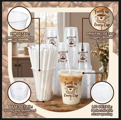 50 Count 16 oz compostable cold drink cups with lids and straws, plant-based PLA disposable tasting cups for juice cold drink sampling, gatherings, picnics, travel bachelor parties