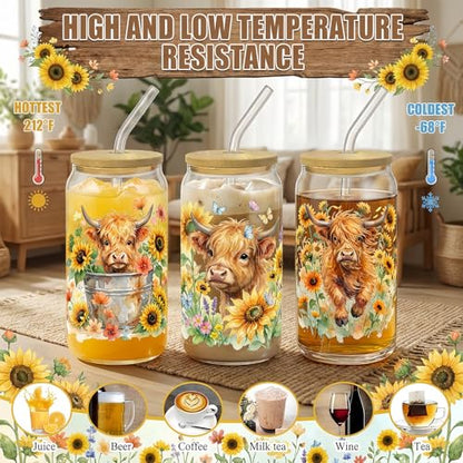 Glass Cups with Lids and Straws, 6Pack, 16oz, Sunflower Farmhouse - style: Highland Cow