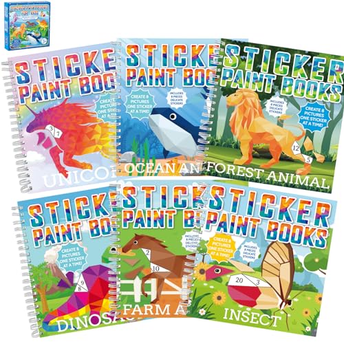 6 Pcs Paint by Sticker Books for Kids Ages 4-8 Sticker by Number Books Activity Book for Kids Ages 3-5 Sticker Puzzle Book Craft Art Toddler Girls Gift with Dinosaur Unicorn Forest Animal 48 Pictures - style: Animal