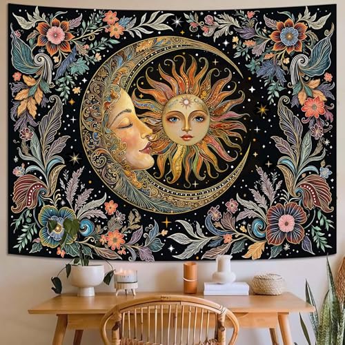 Fungarth Sun and Moon Tapestry Hippie Boho Floral Wall Tapestry for Bedroom Aesthetic Vintage Plant Celestial Spiritual Botanical Small Tapestries Wall Hanging for Living Room Dorm 48 x 36 Inch - color: Hippie Plant, size: 48"L x 36"W