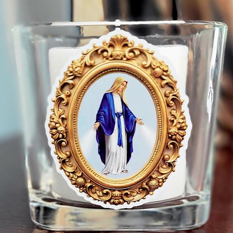 Our Lady of Grace Prayer Candle Holder, Saint Mary, Mother of Grace, Virgin Mary, Madonna, Catholic Gift, Home Decor, Marian, Vigil Candle, Bowed Head (Our Lady of Grace Square Vanilla Candle) - size: Our Lady of Grace Square Vanilla Candle