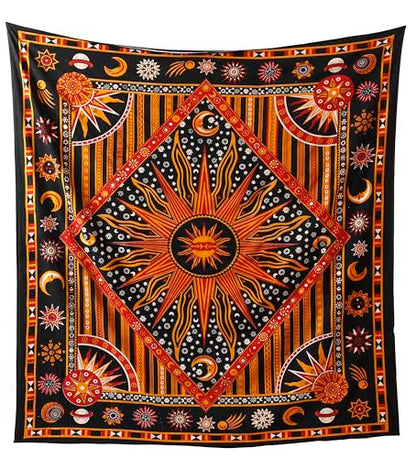 Popular Handicrafts Wall Hanging Tapestry For Bedroom Hippie Burning Sun and Moon Meditation Bohemian Hippy Psychedelic Design Indian Tapestries Bedspread 90 x 108 inches (230cm x 270cm) Green - color: Golden, size: 108"L x 90"W