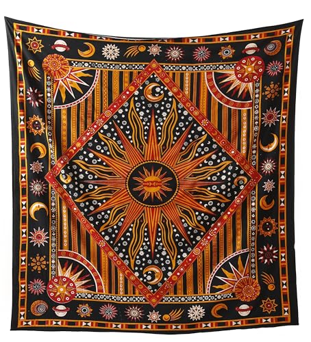 Popular Handicrafts Wall Hanging Tapestry For Bedroom Hippie Burning Sun and Moon Meditation Bohemian Hippy Psychedelic Design Indian Tapestries Bedspread 90 x 108 inches (230cm x 270cm) Green - color: Golden, size: 108"L x 90"W