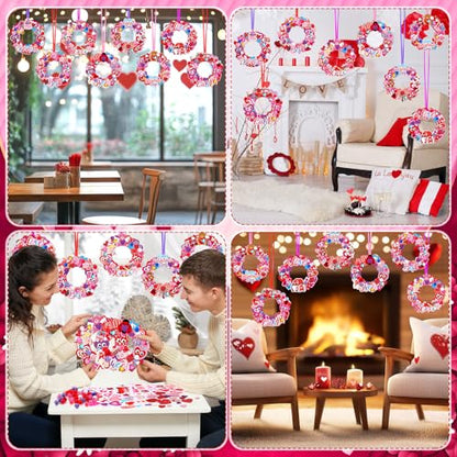 Hollowfly 48 Sets Valentine DIY Heart Wreath Craft Kits for Kids Activities - style: Happy Valentine‘s Day