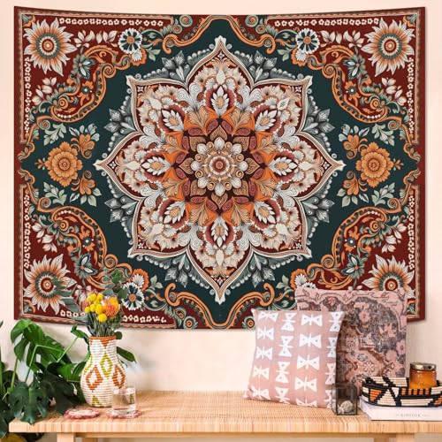 Motanber Vintage Mandala Tapestry Wall Hanging Boho Floral Tapestry Aesthetic Bohemian Flower Hippie Retro Indian Cute Small Tapestries for Bedroom Living Room Dorm Decor 48 x 36 Inch - color: Dark Red Green, size: 48"L x 36"W