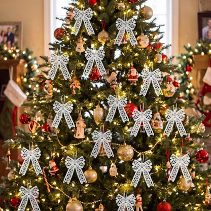 Lunmon 48 Pcs Christmas Crochet Bows Ornaments for Christmas Tree, White - style: Bows
