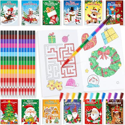 BenLouis 24 Christmas Mini Coloring Books with 24 Crayons for Kids Bulk - style: Christmas