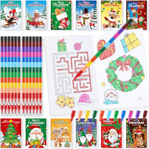 BenLouis 24 Christmas Mini Coloring Books with 24 Crayons for Kids Bulk - style: Christmas