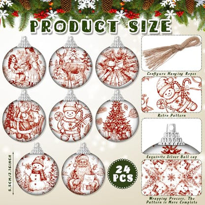 Outus 16pcs Red Toile De Jouy Santa Snowman Christmas Ball Tree Ornaments - color: Red Christmas, size: 2.17''