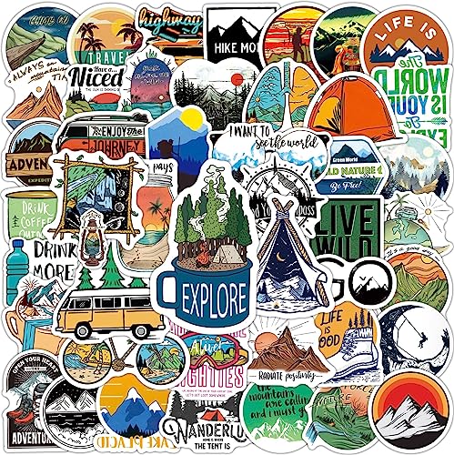 Outdoor Camping Hiking Adventure Stickers, 100pcs Waterproof Vinyl Travel Stickers for Water Bottle Laptop, Wilderness Nature Roadtrip Decals for Camper Bike Bumper Car Suitcase Luggage Skateboard - color: Green