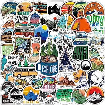 Outdoor Camping Hiking Adventure Stickers, 100pcs Waterproof Vinyl Travel Stickers for Water Bottle Laptop, Wilderness Nature Roadtrip Decals for Camper Bike Bumper Car Suitcase Luggage Skateboard - color: Green