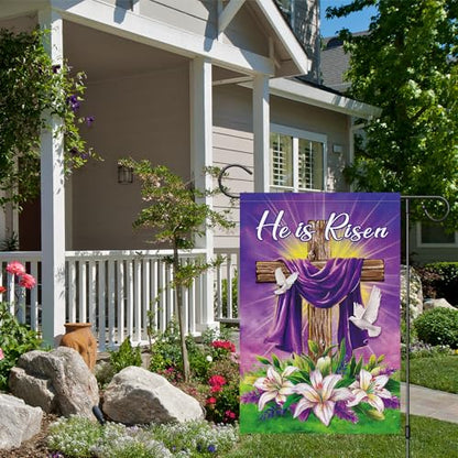 He is Risen Easter Garden Flag 12x18 Inch Double Sided Burlap, Christian Religious Easter Cross Lily Flower White Dove Yard Sign Spring Holiday Outdoor Decoration
