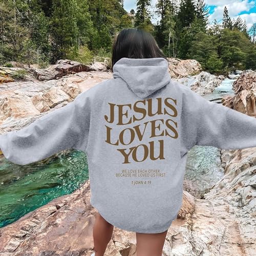 New Jesus Loves You Hoodie Christian Faith Over Fear Hoodie Faith Sweatshirt Christian Religious Sayings Sweater - color: Grey, size: Medium
