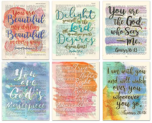 Set of 6 -Watercolor Christian Bible Verse Page Art Prints, Unframed, Song of Solomon 4:7, Psalm 37:4, Genesis 16:13, Ephesians 2:10, Philippians 4:8, Genesis 28:15, Wall Art Decor, 5x7 Inches