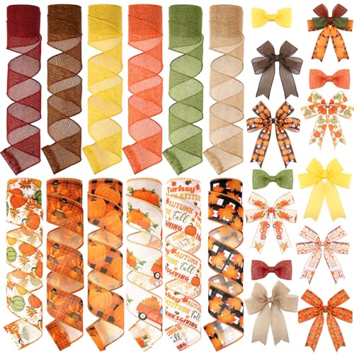 12 Rolls 60 Yard Fall Wired Ribbon for Wreath Craft Bow - style: Maple Leaves