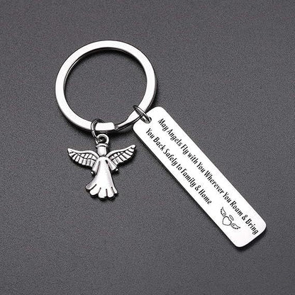 Inspirational Guardian Angel Keychain Stainless Steel Engraved Message Keyring for Women Car Keys Charms