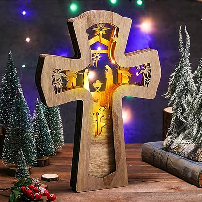 Bucherry Wooden Nativity Scene Christmas Tabletop Ornament,Cross - style: Cross
