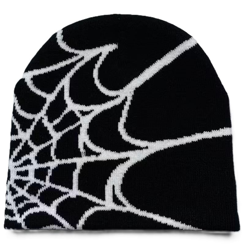 Unisex Stretch Warm Winter Skull Cap, Cold Weather Knit Beanie - color: White Spider Web Pattern