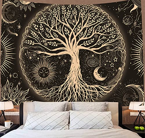FORATER Tree of Life Tapestry Wall Hanging Sun Moon Stars Tapestries Aesthetic Galaxy Wall Tapestry Nature Home Decoration for Living Room Bedroom(53 x 61 Inch, Black and Gold) - color: black and gold, size: 61"L x 53"W
