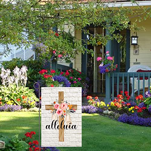 Easter Cross Garden Flag Alleluia He is Risen Religious Flags 12x18 Vertical Double Sided Spring Floral Cross Yard Flag Christian Holiday Yard Outdoor Decoration