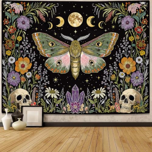Fungarth Boho Hippie Moth Skull Vintage Floral Tapestry 48 x 36 Inch - color: Black Green, size: 48"L x 36"W