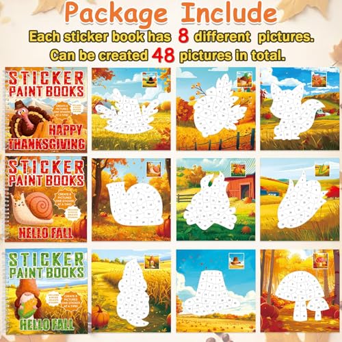 6PCS Thanksgiving Paint by Sticker Books Crafts for Fall Sticker by Number Books Activity Book for Sticker Puzzle Book Craft Art Gift with Turkey Pumpkin 48 Pictures - style: Fall Thanksgiving