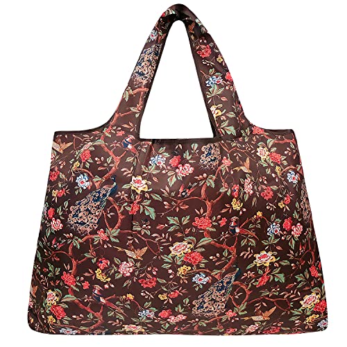 allydrew Large Foldable Tote Nylon Reusable Grocery Bags, Peacocks & Peonies - color: Peacocks & Peonies