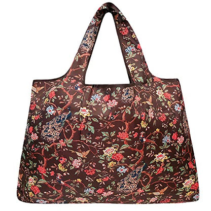 allydrew Large Foldable Tote Nylon Reusable Grocery Bags, Peacocks & Peonies - color: Peacocks & Peonies