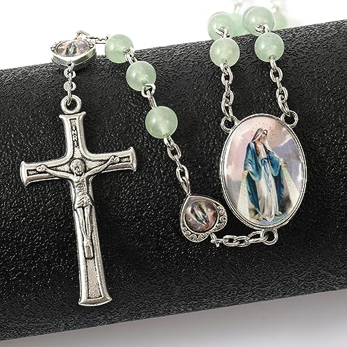 Nazareth Store Natural Stone Beads with Miraculous Epoxy Heart Metal Beads Rosary Necklace Gemstone Christian Gifts - color: Green Aventurine