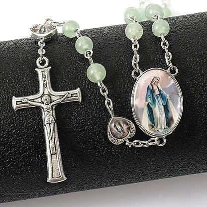 Nazareth Store Natural Stone Beads with Miraculous Epoxy Heart Metal Beads Rosary Necklace Gemstone Christian Gifts - color: Green Aventurine
