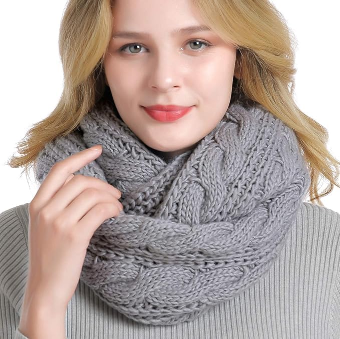 Winter Women Thick Cable Knit Ribbed Infinity Circle Loop Scarf - color: Soft Grey