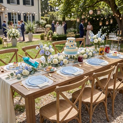 WDF 175Pcs Blue Plastic Plates - Heavy Duty Baby Blue Plates Disposable - 25Guests Plastic Dinnerware Ideal for Parties/Wedding/Baby Shower/Hanukkah - color: Bule and Gold, size: 175 pieces
