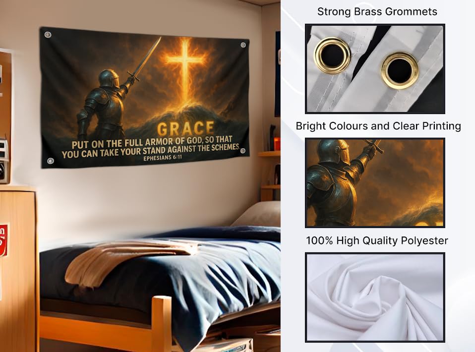 3x5 Feet Christian Armor of God Flag with Quote - "Grace Put On The Full Armor Of God" with 4 Brass Grommets - Polyester Christian Wall Decor Jesus Flags for Church - Single Sided Banner for Bedroom