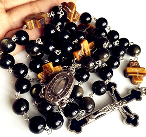 elegantmedical HANDMADE Catholic BLACK 10MM Obsidian BEADS Lourdes Water medal ROSARY CROSS NECKLACE BOX Mens Womens gift
