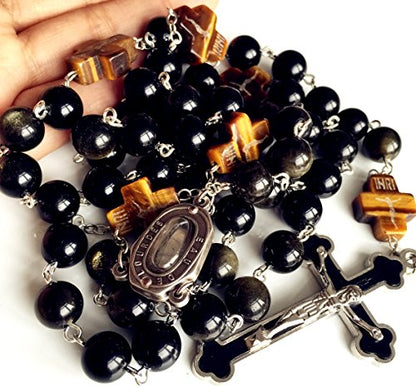 elegantmedical HANDMADE Catholic BLACK 10MM Obsidian BEADS Lourdes Water medal ROSARY CROSS NECKLACE BOX Mens Womens gift