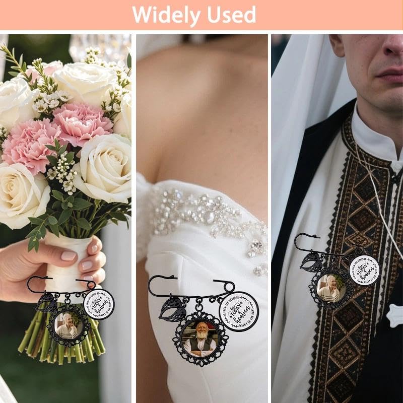 Wedding Double Picture Frame Brooch for Bride Grooms Boutonniece Pin for Wedding Bouquet - color: Black engraved