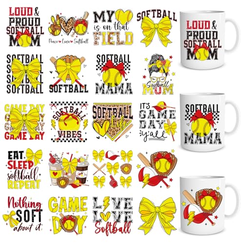 UV DTF Cup Wrap - 20 Sheets Softball UV DTF Cup Wraps for 16 OZ Glass Mugs, Sport Mama Bow Ball UVDTF Stickers, Waterproof Rub on Transfer Decals for DIY Water Bottle Tumbler Crafts - style: Softball