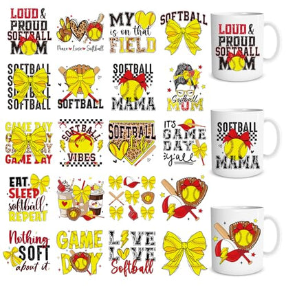 UV DTF Cup Wrap - 20 Sheets Softball UV DTF Cup Wraps for 16 OZ Glass Mugs, Sport Mama Bow Ball UVDTF Stickers, Waterproof Rub on Transfer Decals for DIY Water Bottle Tumbler Crafts - style: Softball