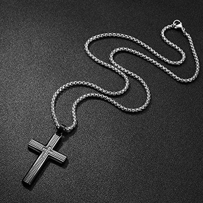 Men's Stainless Steel Cross Necklace,Two-Tone Black & Blue Carbon Fiber Pendant - Included Gift Box - style: Black XL002