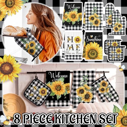 Leinuosen 8 Pcs Sunflower Plaid Kitchen Towels Dishcloths Accessories Set - color: Black White and Yellow, style: Sunflower