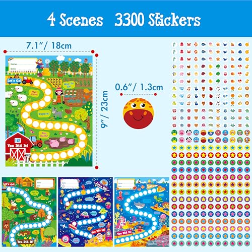 4 Incentive Charts with 3300 Reusable Stickers, Forest/Farm/Ocean/Space Themed Reward Chart for Classroom, Home, Kids Homework Assignments, Attendance, Good Behavior, Chores, Potty Training Progress - style: Farms /oceans / Universe / Forest